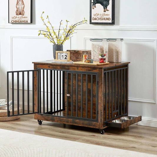 Stylish wooden dog crate with open door, food storage, and removable tray in a modern home setting.