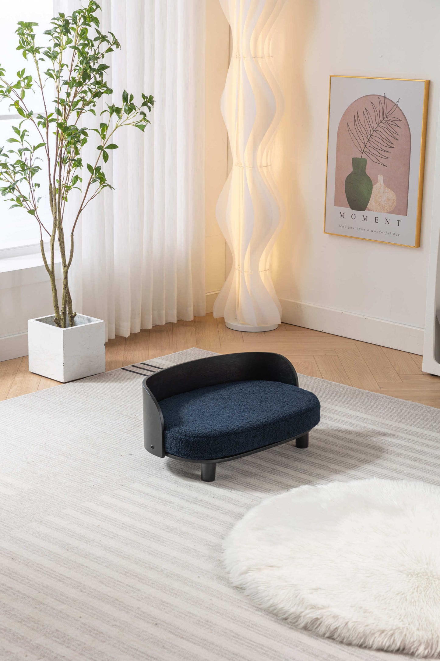 Scandinavian Style Elevated Dog Bed Sofa, Velvet Cushion, Black Wood, Dark Blue GIGA