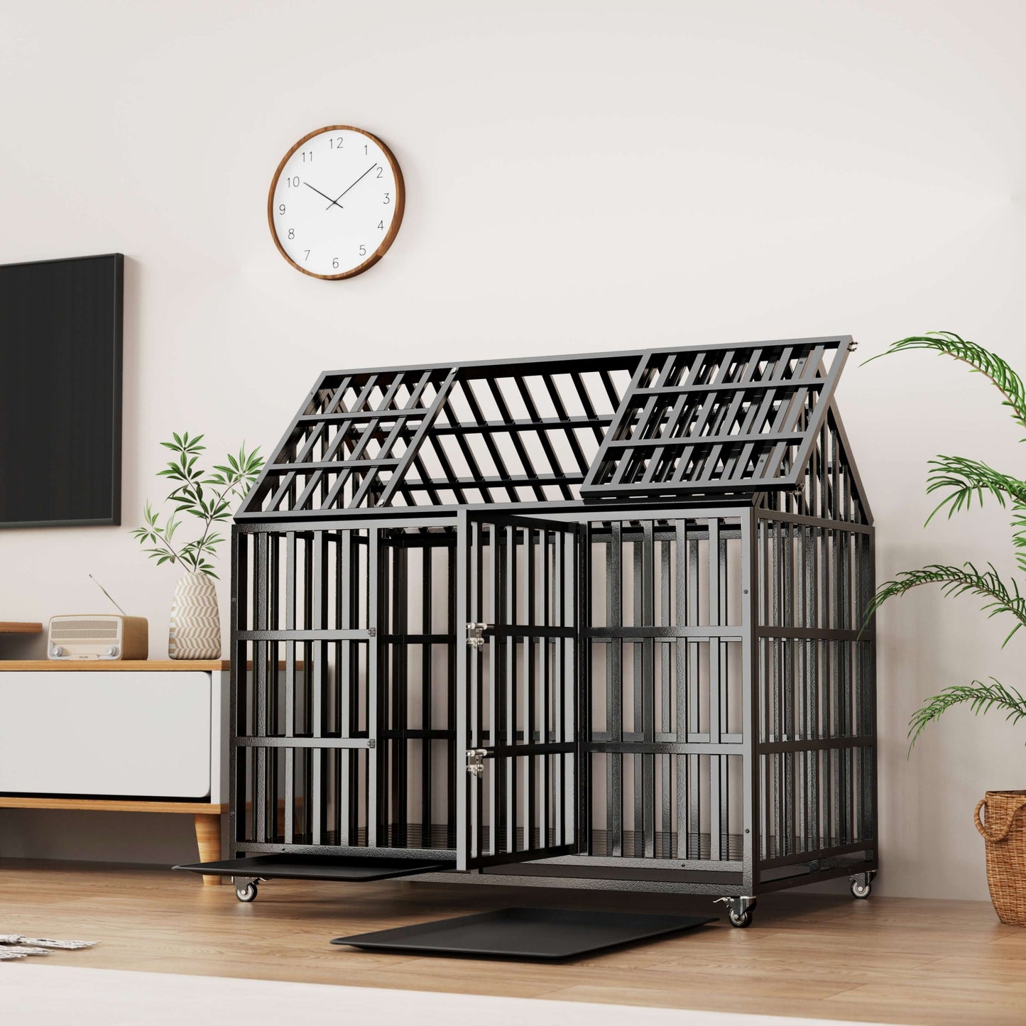 52" Heavy Duty Dog Crate with 4 Lockable Wheels supdog