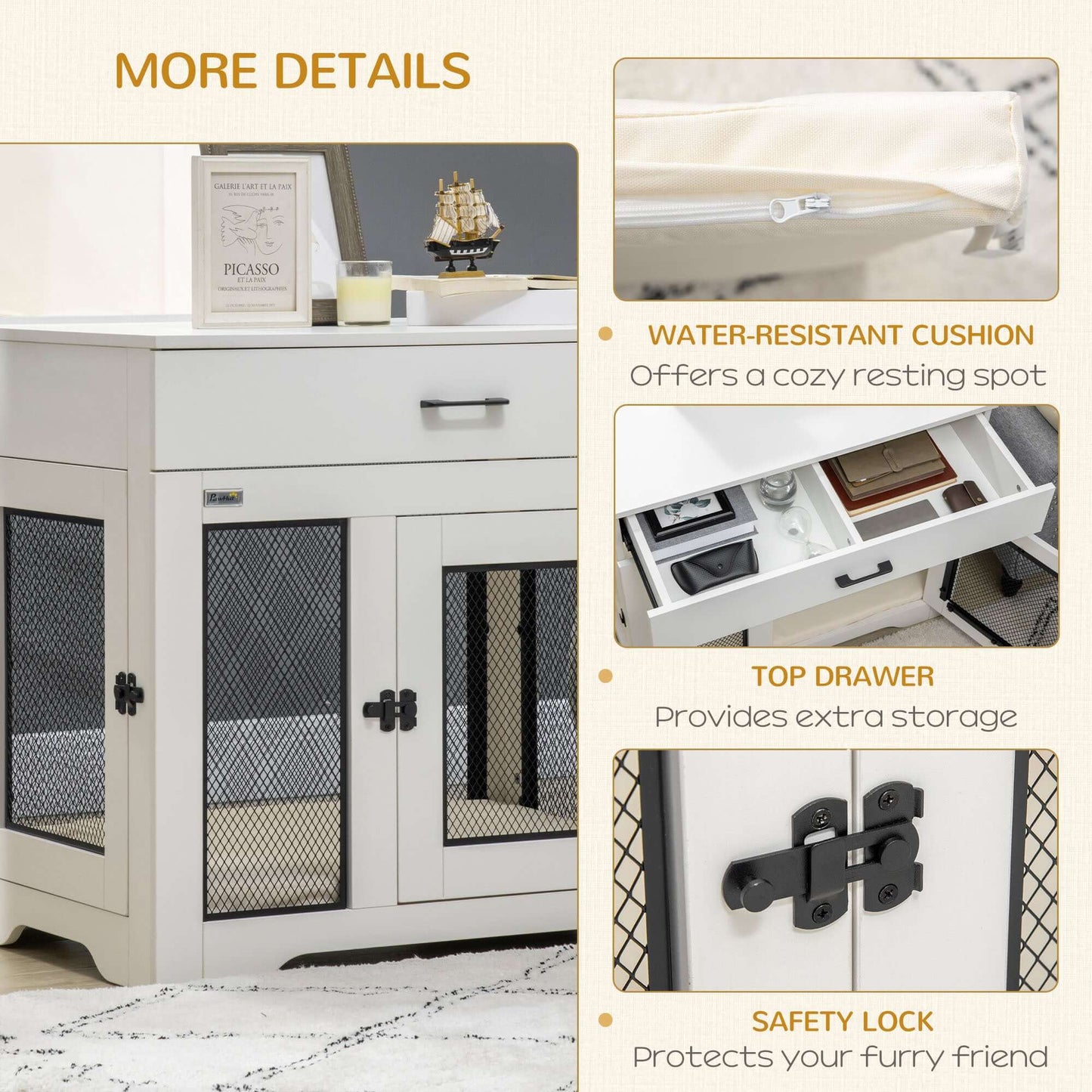 30" Dog Crate with Soft Water-Resistant Cushion, Drawer, 2 Doors, for Small Dogs, White - supdog