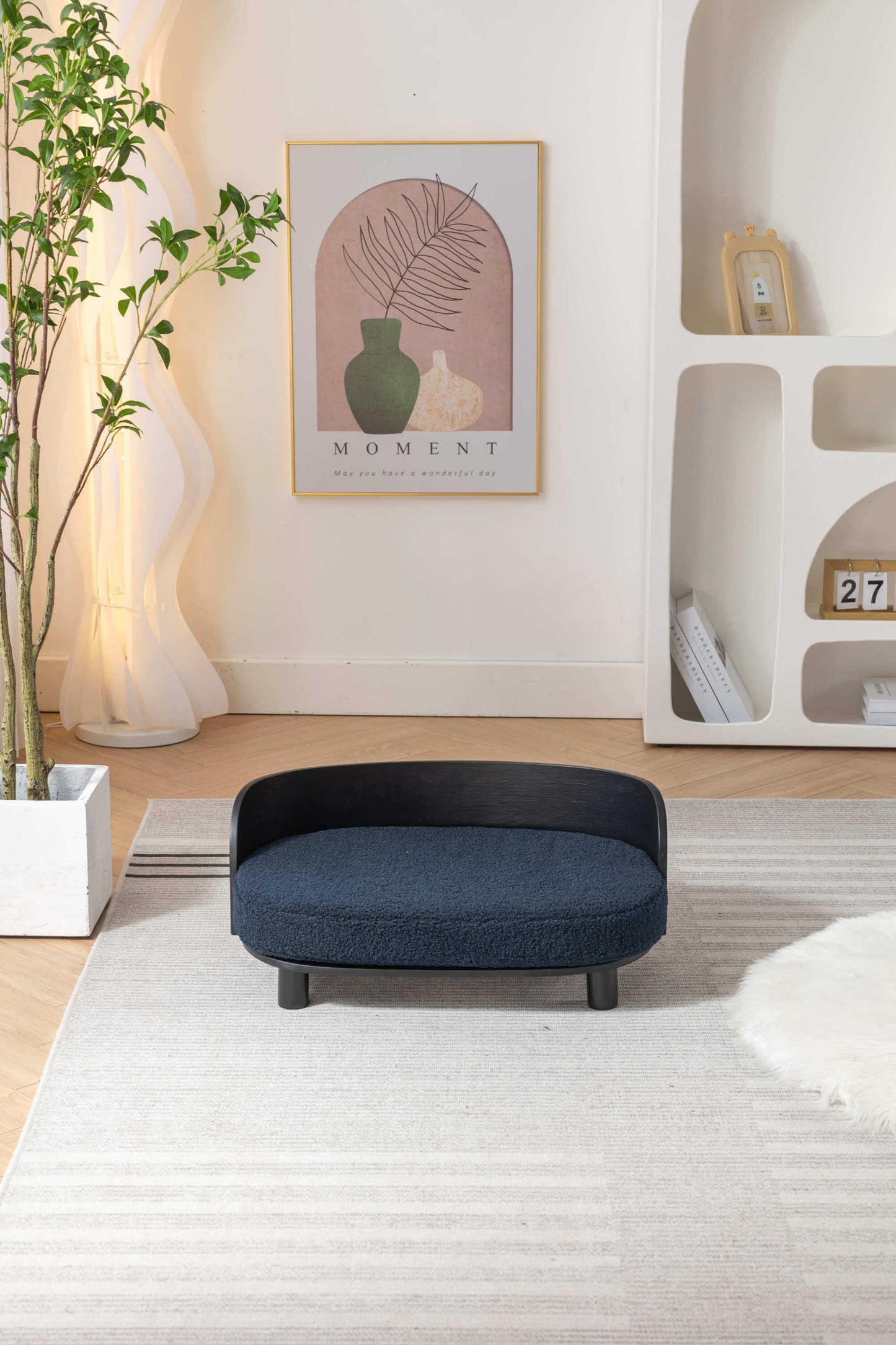 Scandinavian Style Elevated Dog Bed Sofa, Velvet Cushion, Black Wood, Dark Blue GIGA