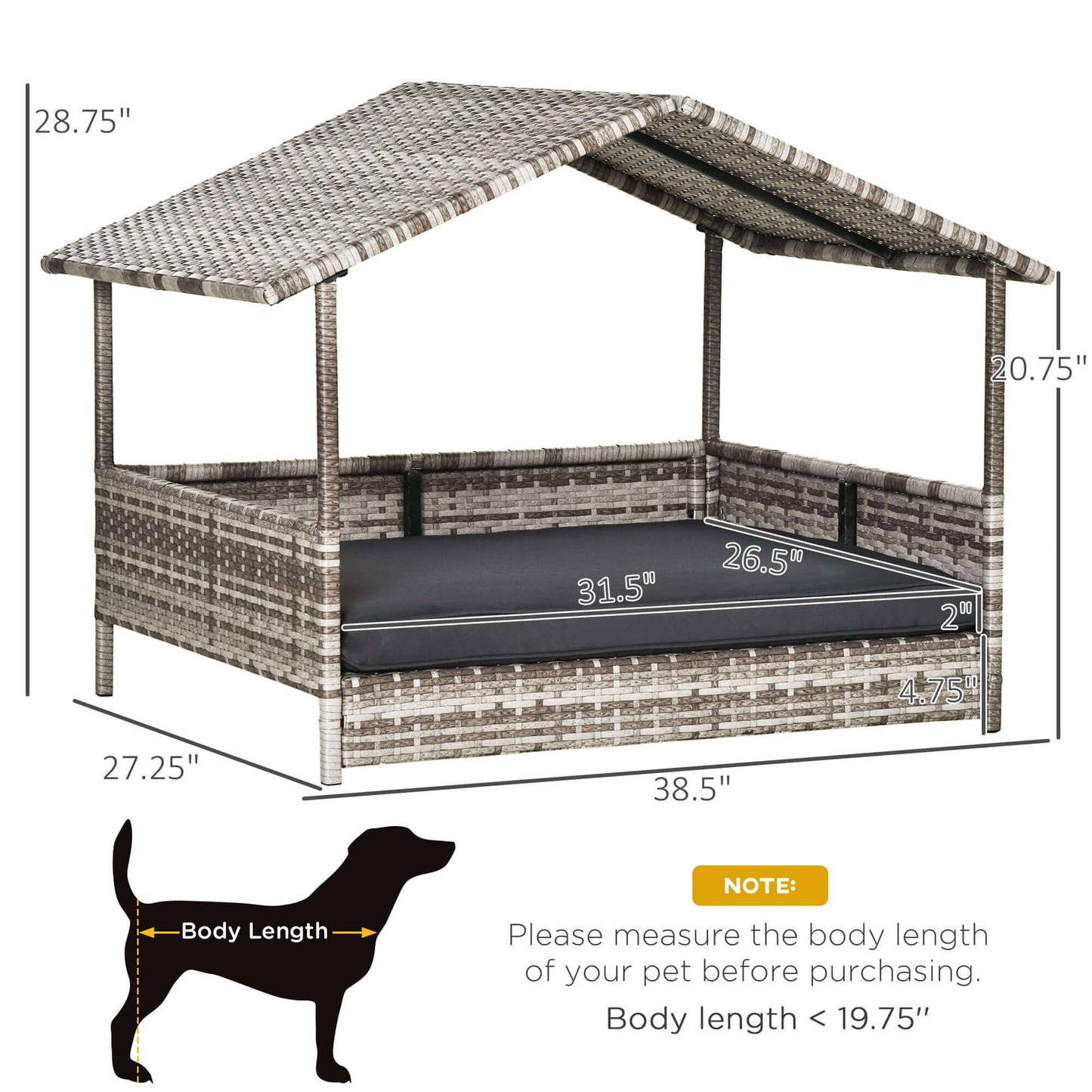 Pet Patio Furniture Dog Bed, Wicker-Rattan with Canopy & Removable Cushion, Cream GIGA