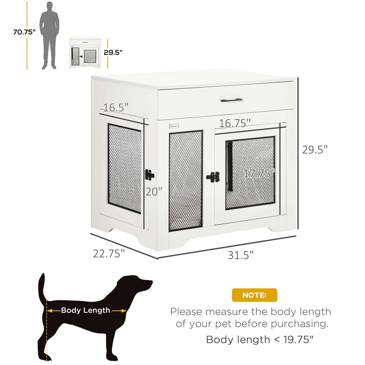 30" Dog Crate with Soft Water-Resistant Cushion, Drawer, 2 Doors, for Small Dogs, White - supdog