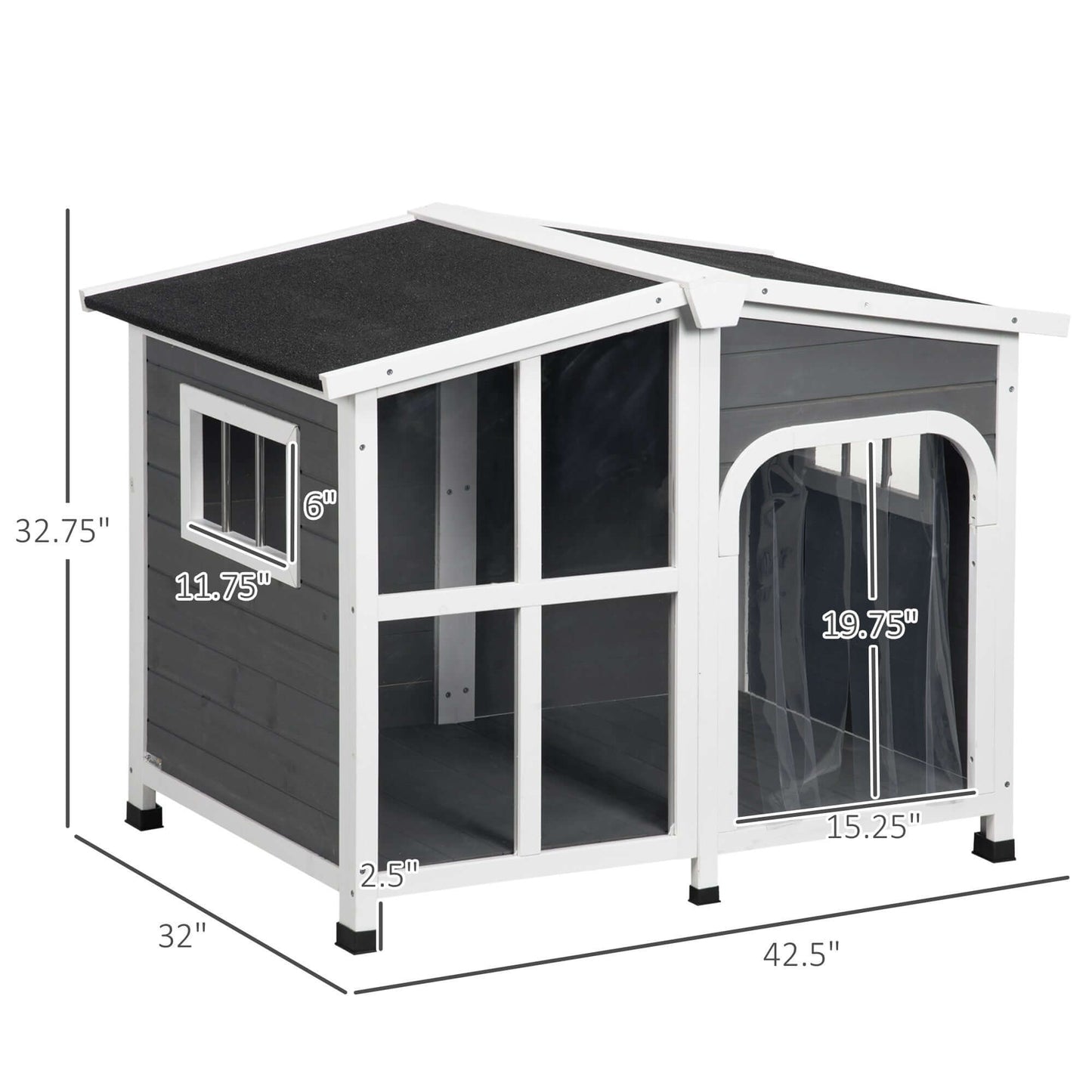 42" Cabin-Style Dog House for Large Dogs with Openable Asphalt Roof & Giant Window, Gray - supdog