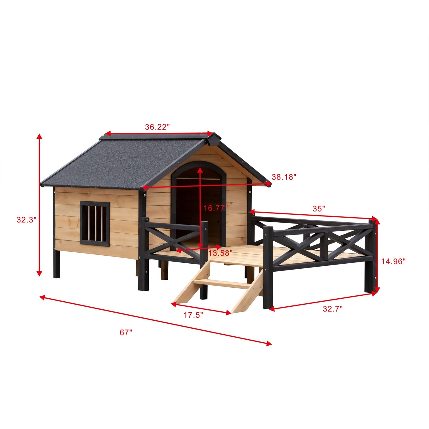66" Large Wooden Dog House, Raised Cabin with Porch GIGA