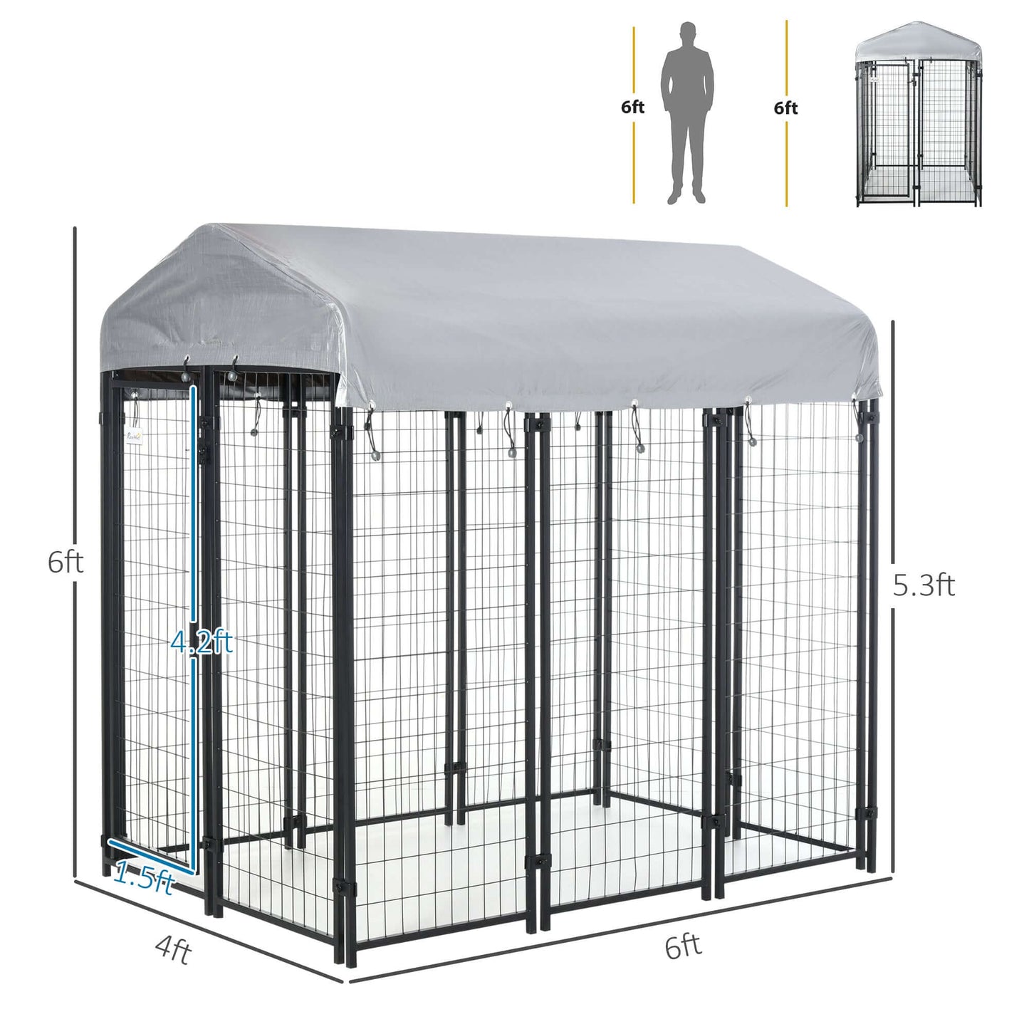6' x 4' x 6' dog playpen with lockable door and water-resistant canopy for outdoor use.