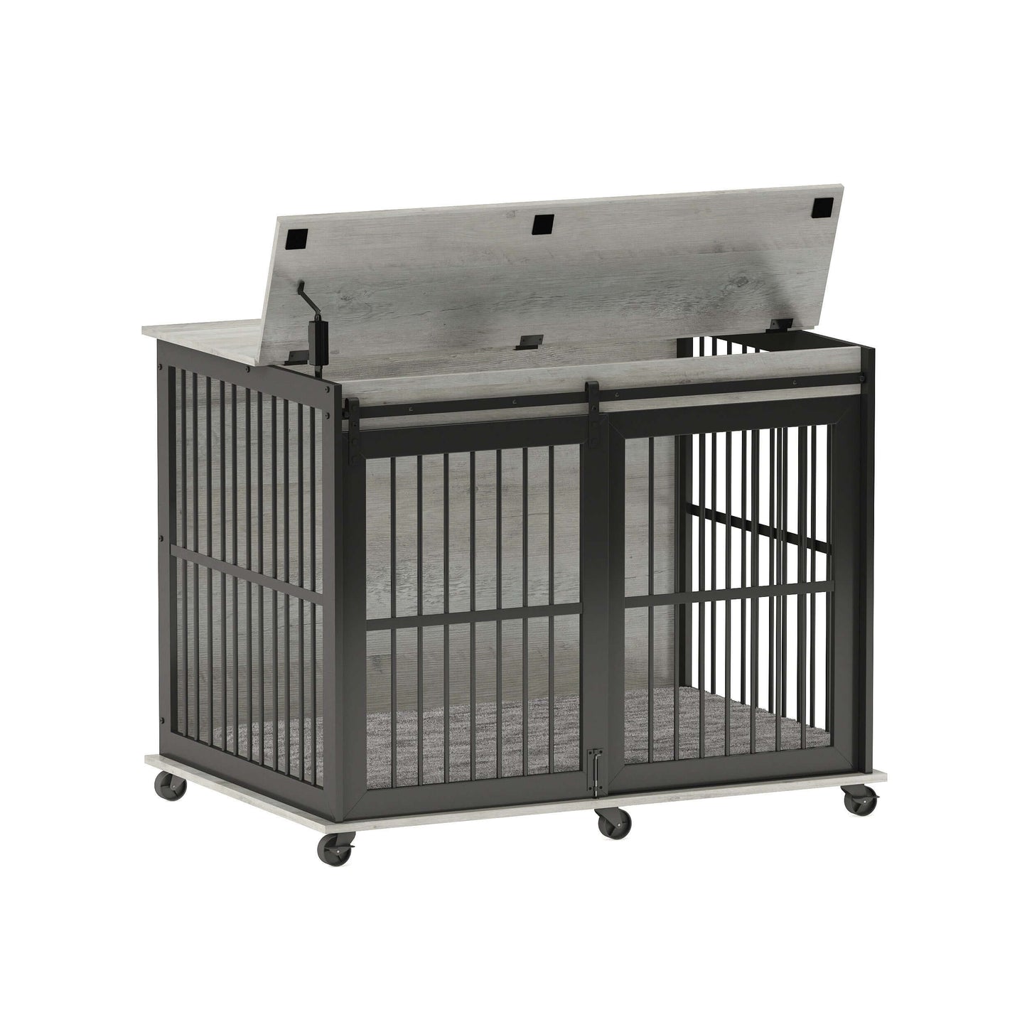 44" Dog Crate Sliding Iron Door with Mat, Flip-Top, Grey GIGA