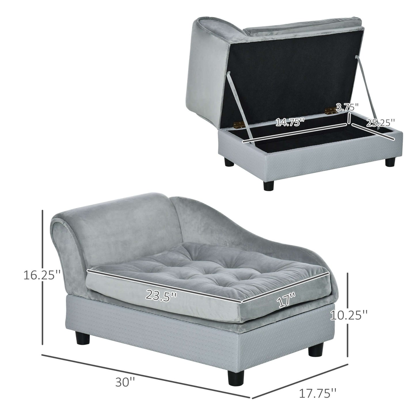 PawHut Luxury Fancy Dog Bed for Small Dogs with Hidden Storage, Small Dog Couch with Soft 3" Foam, Dog Sofa Bed, Cushy Dog Bed, Modern Pet Furniture for Puppies and Little Breeds, Gray - supdog