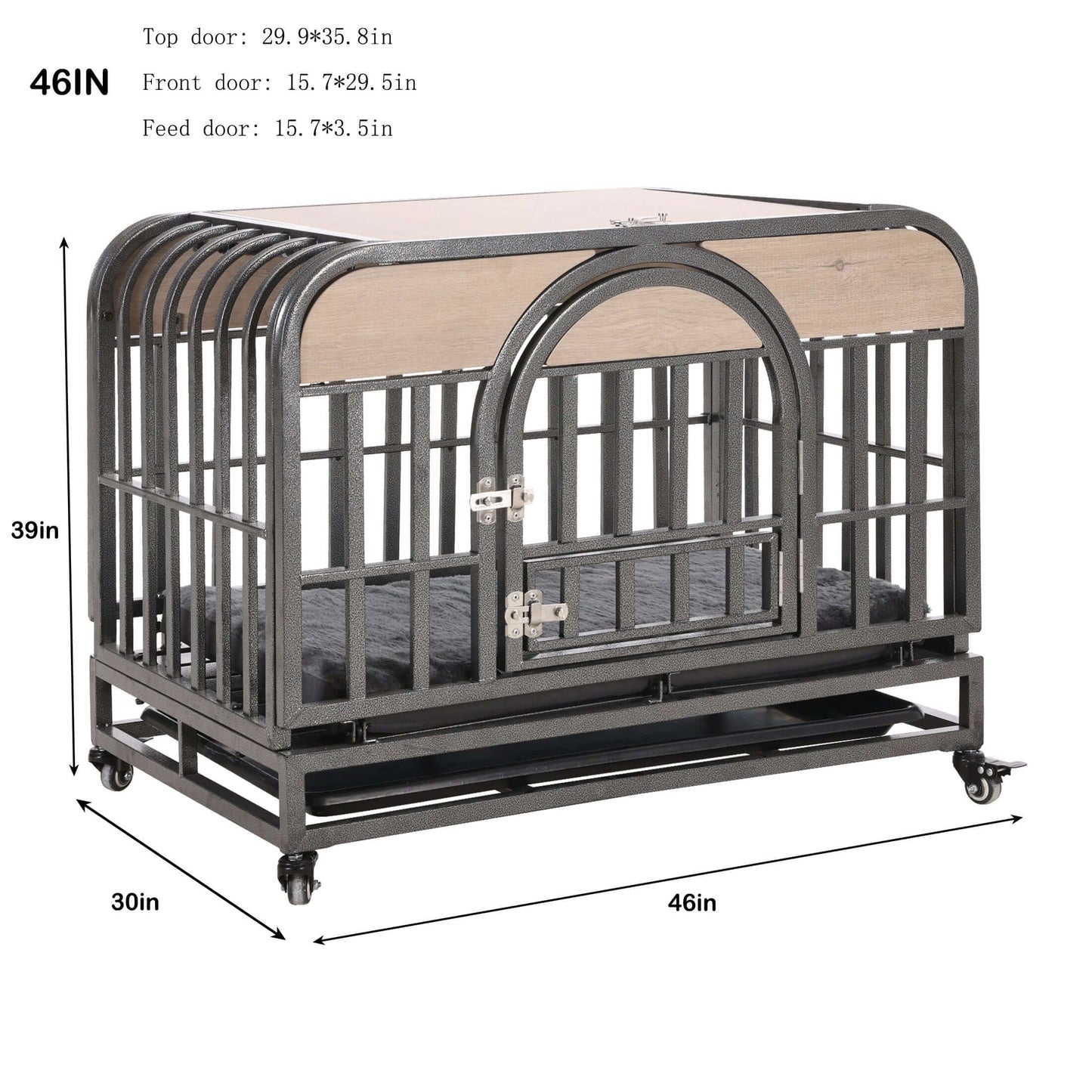 46" Heavy Duty Dog Crate, Removable Trays and Wheels for High Anxiety Dogs, Grey GIGA