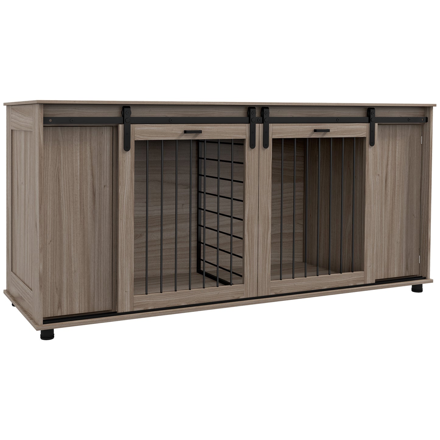 71" Dog Crate Furniture with Removable Divider, Storage, Double Doors, Walnut