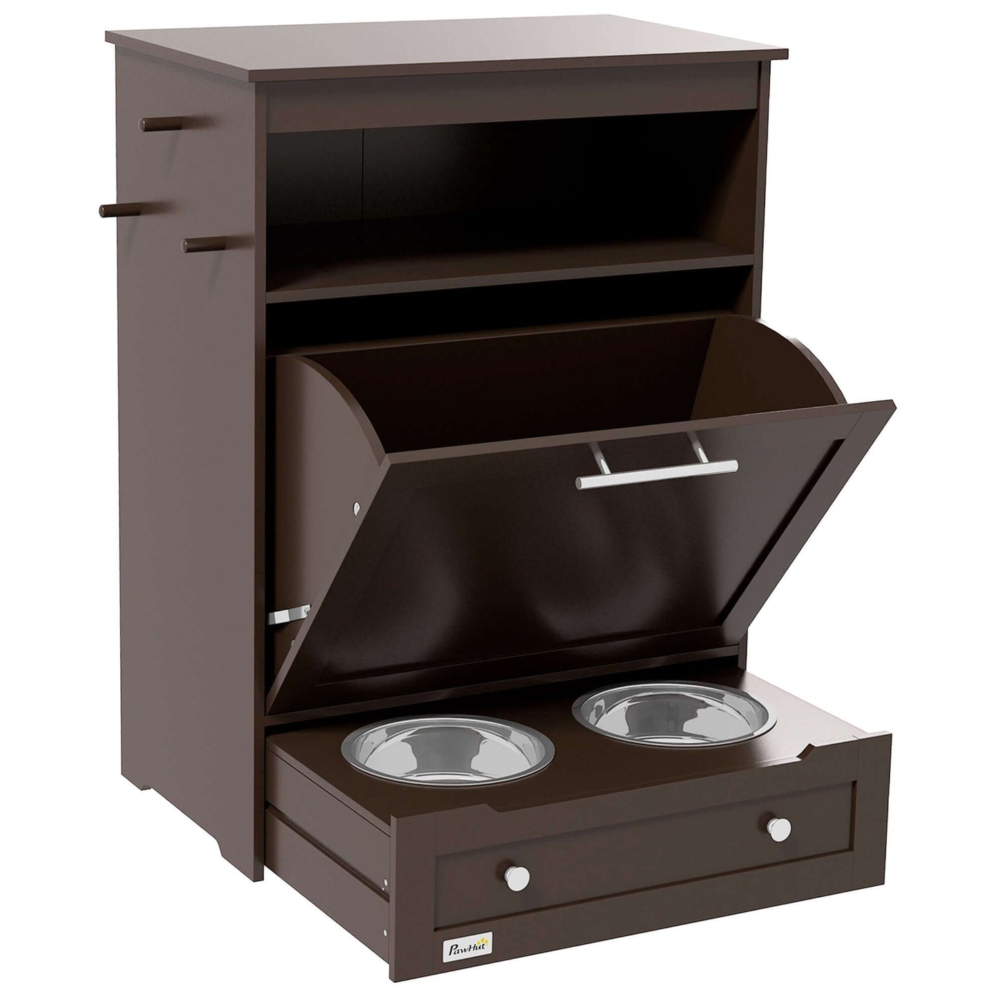 Feeder Station, Food Storage Container with Raised Dog Bowls, Brown