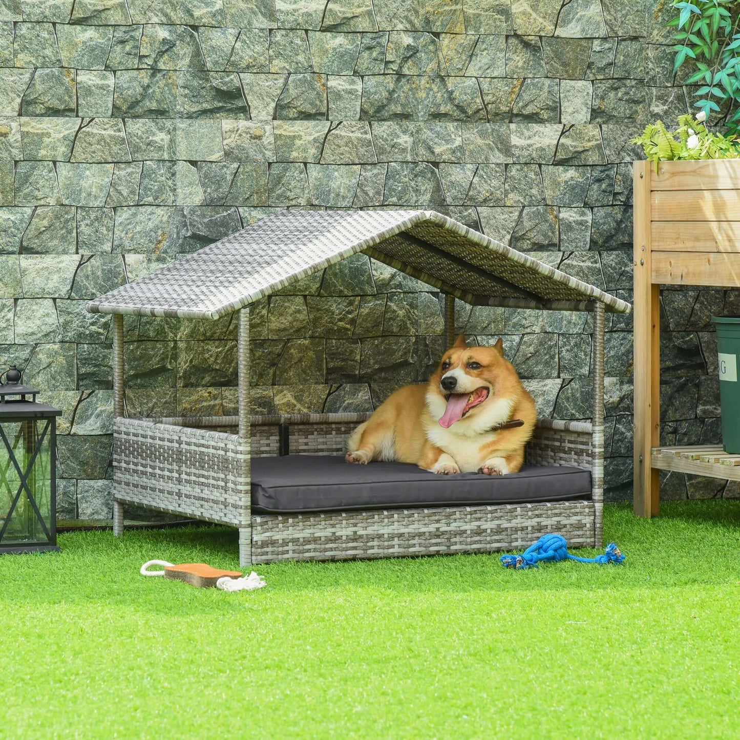 Pet Patio Furniture Dog Bed, Wicker-Rattan with Canopy & Removable Cushion, Cream GIGA