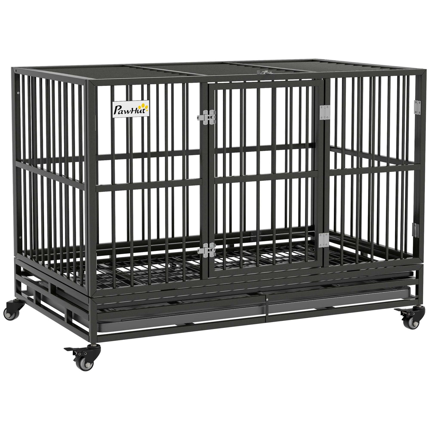 48" Heavy Duty Dog Crate with Lockable Wheels, Slide-out Tray and Anti-Pinching Floor