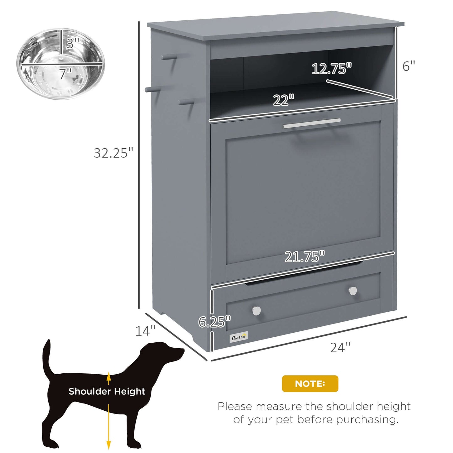 PawHut Pet Feeder Station, Storage Cabinet Dog Food Storage Container with Raised Dog Bowls and Hanger for Feeding & Watering Supplies, Gray - supdog