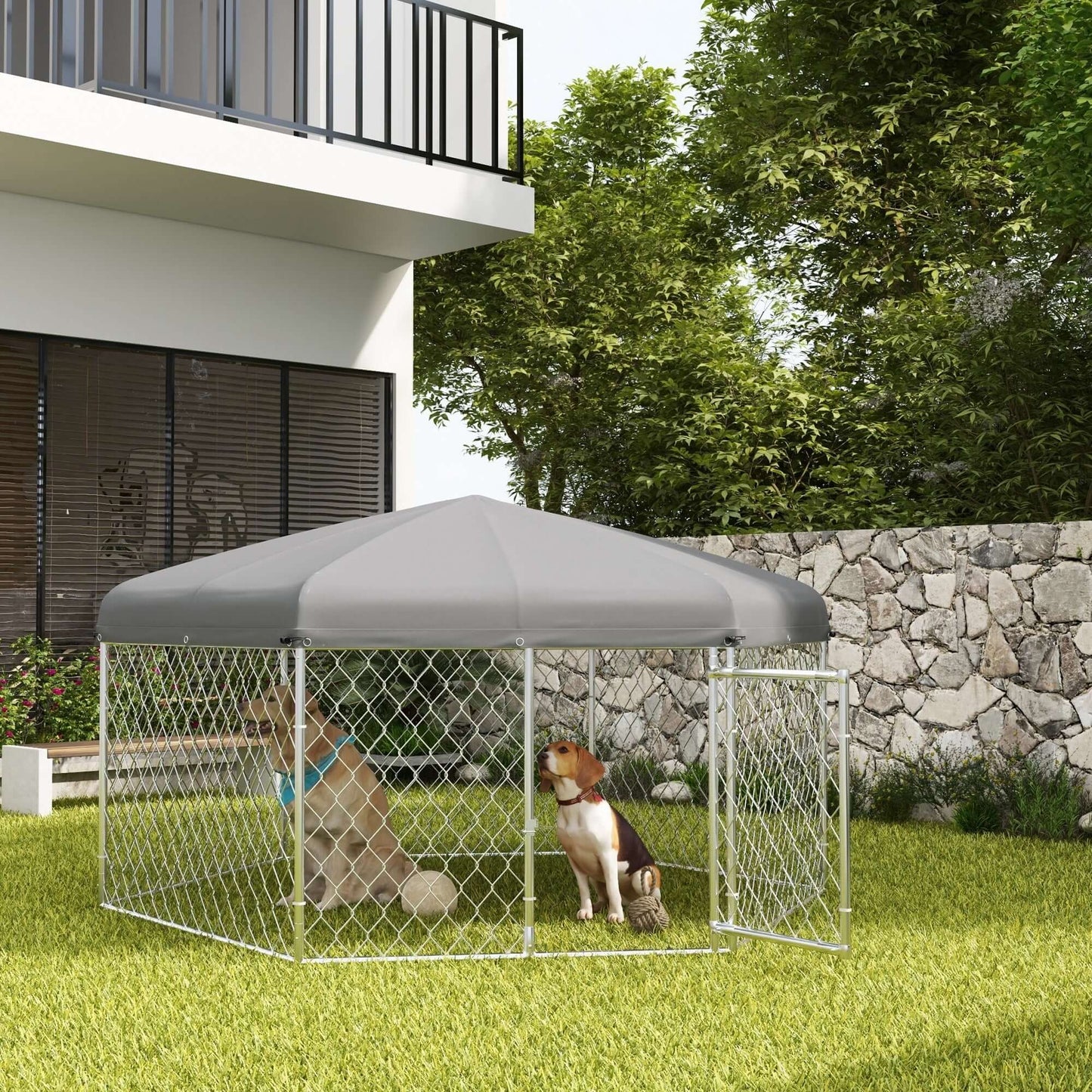 6.9' x 6.1' x 4.9' Dog Kennel with Waterproof, UV Resistant Roof, Lockable Door, for Medium and Large-Sized Dogs, Silver - supdog