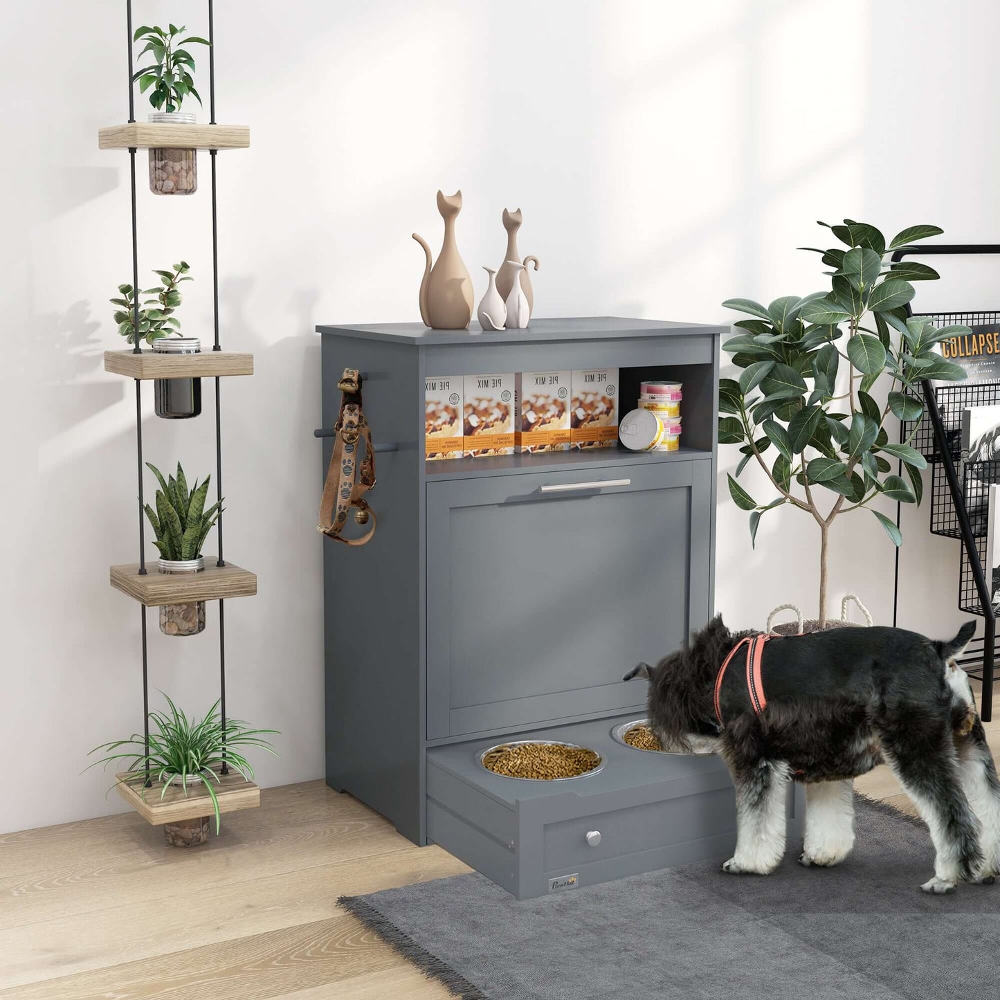 PawHut Pet Feeder Station, Storage Cabinet Dog Food Storage Container with Raised Dog Bowls and Hanger for Feeding & Watering Supplies, Gray - supdog