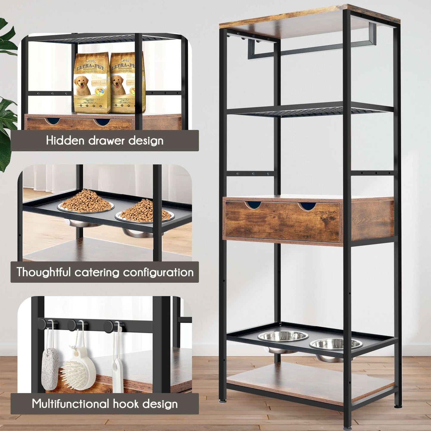 Feeding Station,3 Height Adjustable Raised Dog Bowls for Large and Medium Dogs, Storage with shelves - supdog