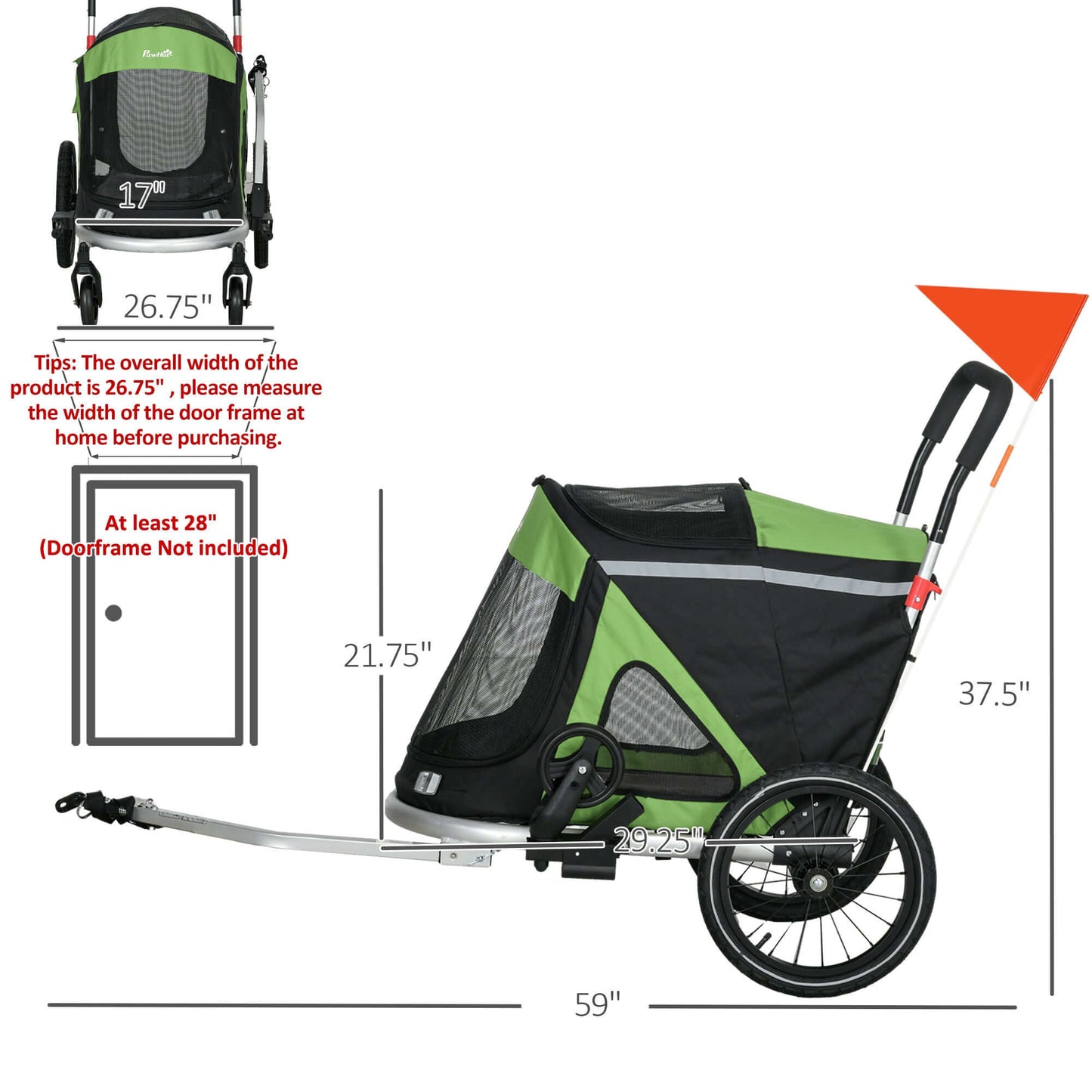 Aosom 2-in-1 Stroller & Bicycle Trailer for Small Dogs, Green