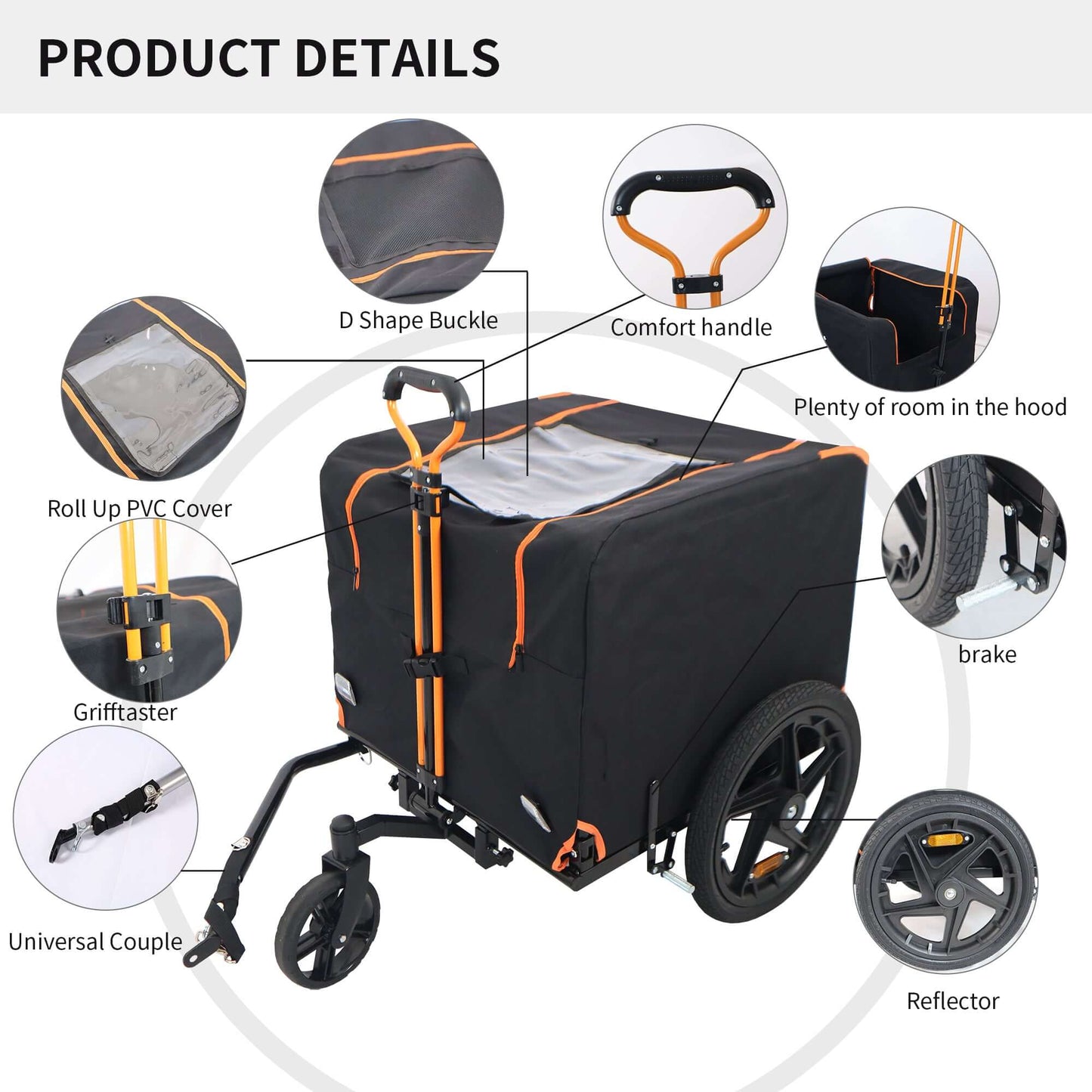 Foldable Bicycle Trailer for Medium Dogs, Orange & Black