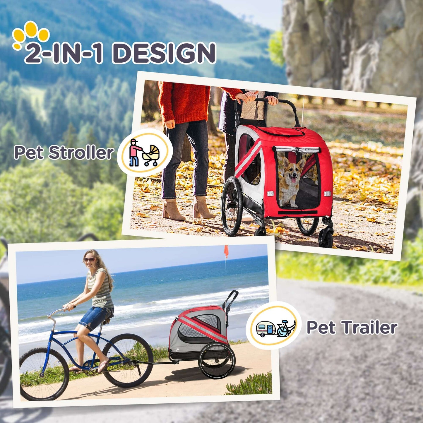 Aosom 2-in-1 Stroller & Bicycle Trailer for Small Dogs, Red