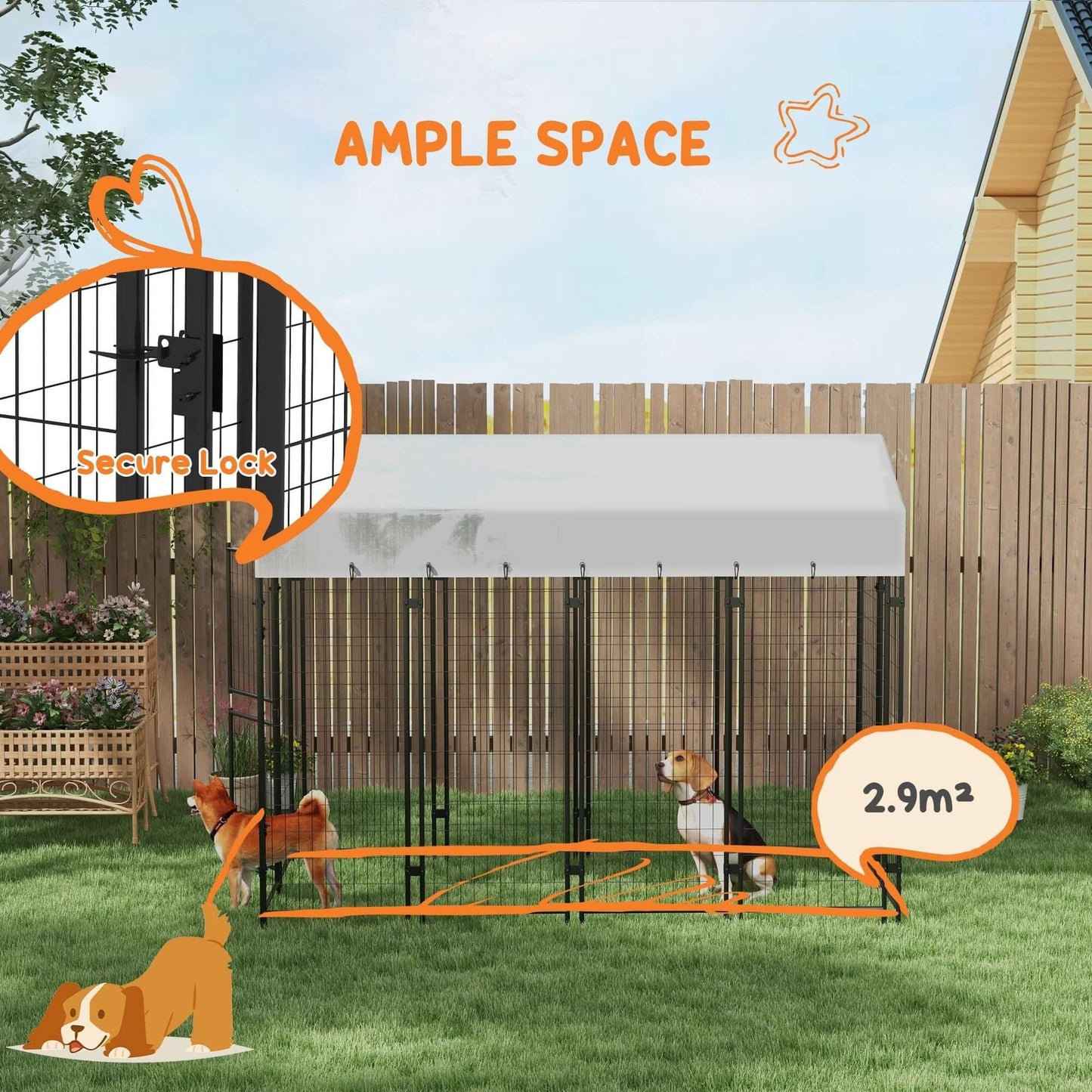 Large outdoor dog kennel with waterproof cover, secure lock, and ample space for two dogs.