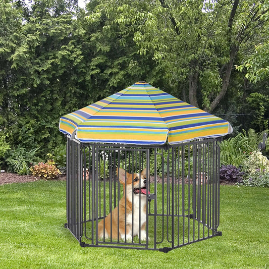PawHut 48" x 41" Heavy-Duty Metal Dog Playpen, Outdoor Pet Cage Kennel, Puppy Exercise Fence Barrier with Weather-Resistant Polyester Roof, Locking Door, & Metal Frame - supdog