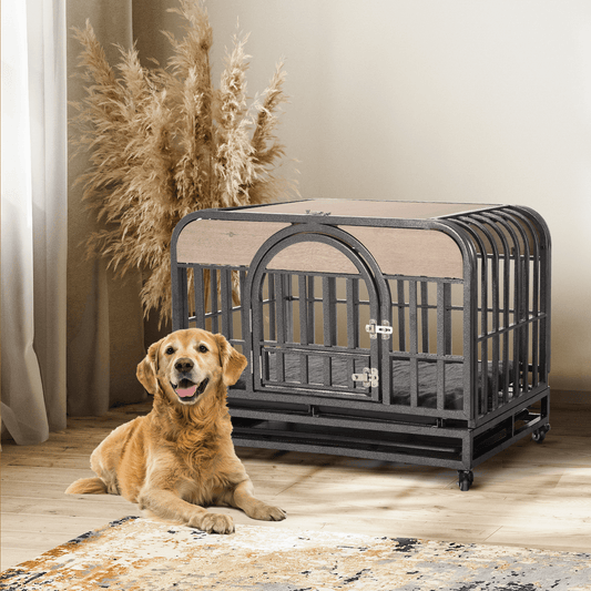 46" Heavy Duty Dog Crate, Removable Trays and Wheels for High Anxiety Dogs, Grey GIGA
