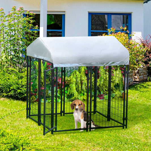 4' x 4' dog playpen with lockable door and water-resistant canopy, set in a garden with a beagle inside.