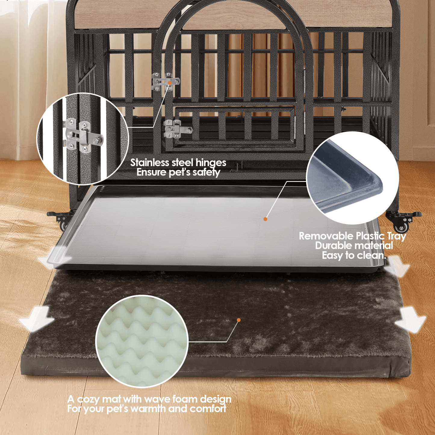46" Heavy Duty Dog Crate, Removable Trays and Wheels for High Anxiety Dogs, Grey GIGA