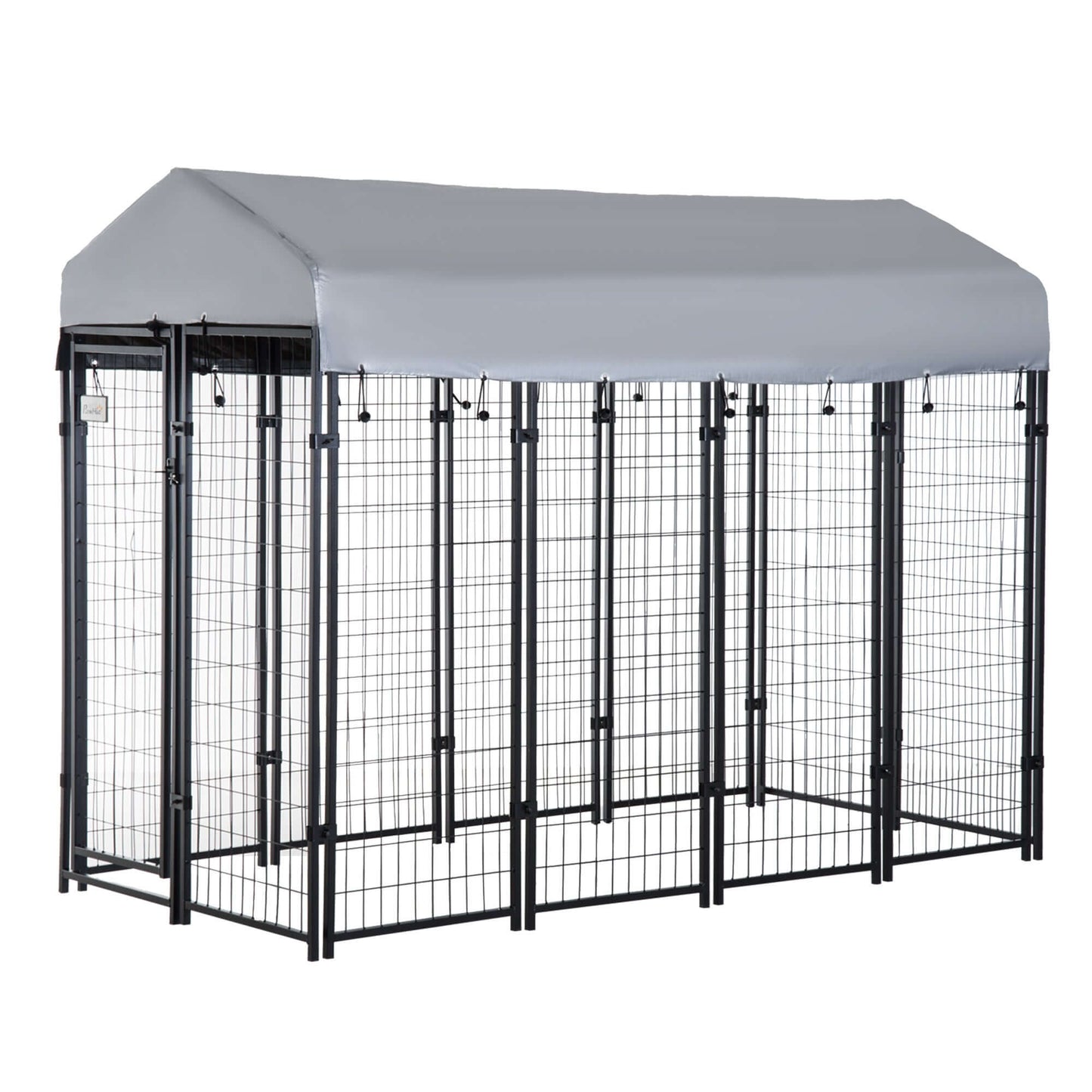 8' x 4' x 6' dog playpen with lockable door and water-resistant canopy, made of durable steel and ideal for outdoor use.