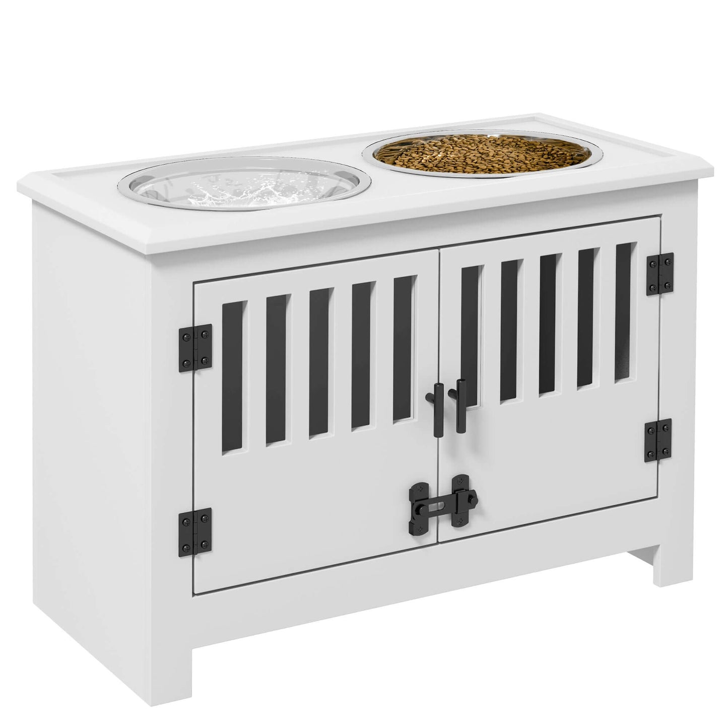 Elevated Dog Bowls with Storage Cabinet, White