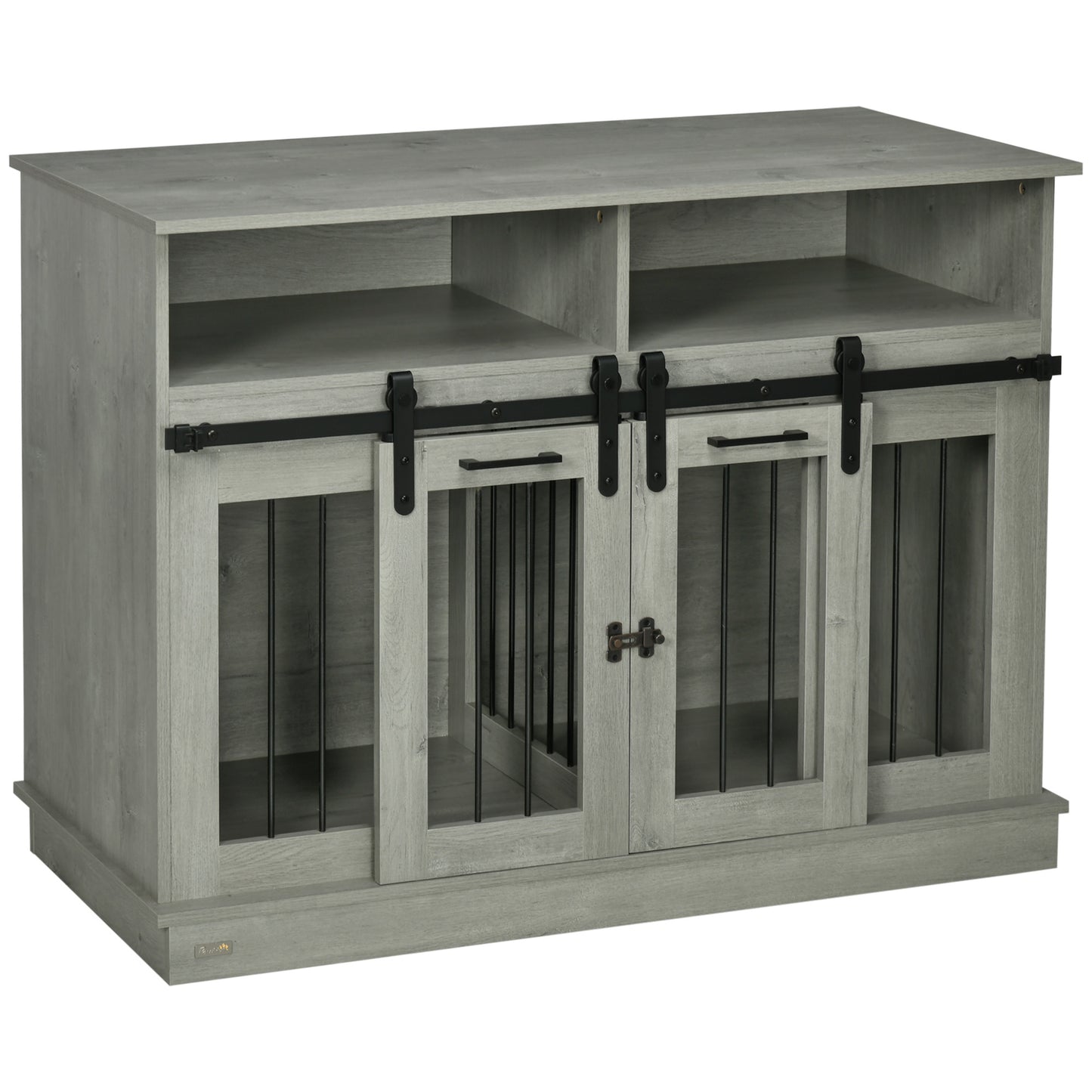 47" Dog Crate Furniture, Double with Shelves, Sliding Doors, Gray