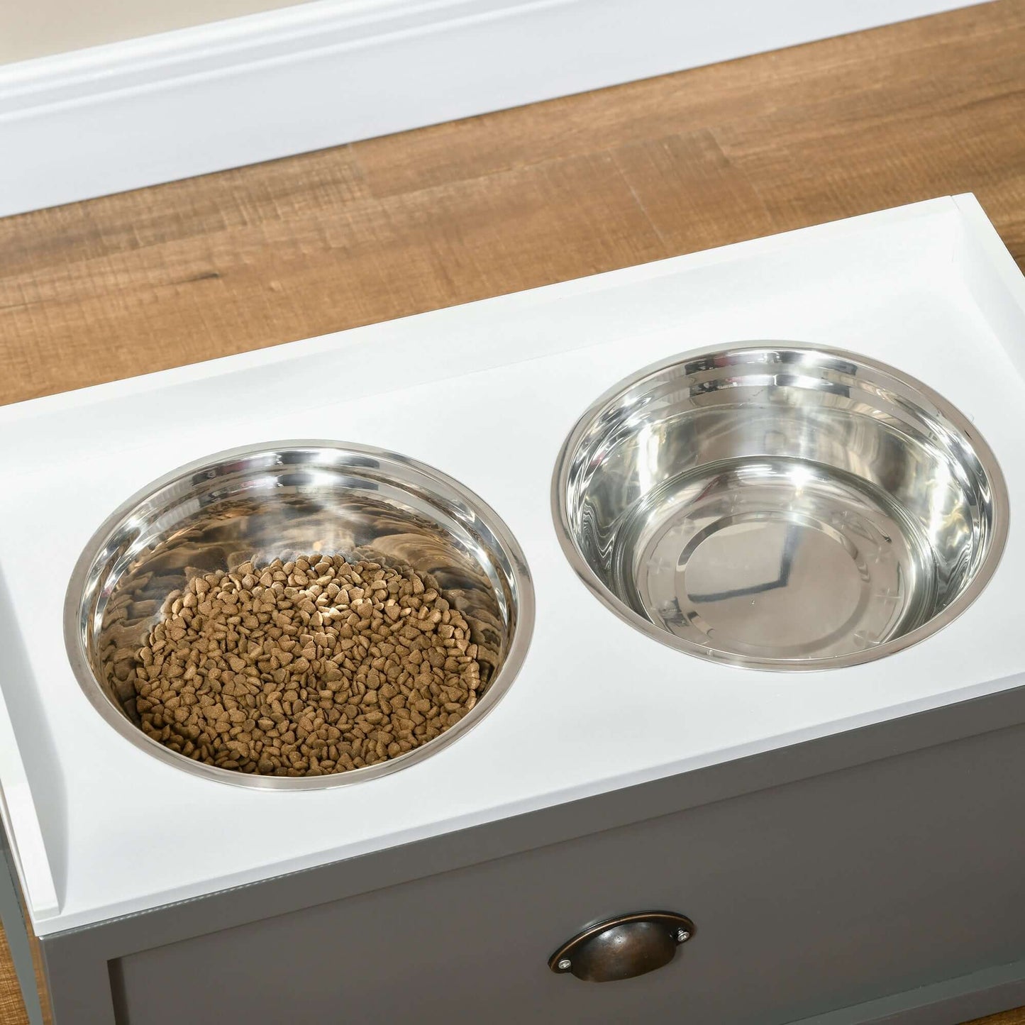 Premium Gray Elevated Dog Bowls with Storage | Raised Dog Bowl Stand GIGA