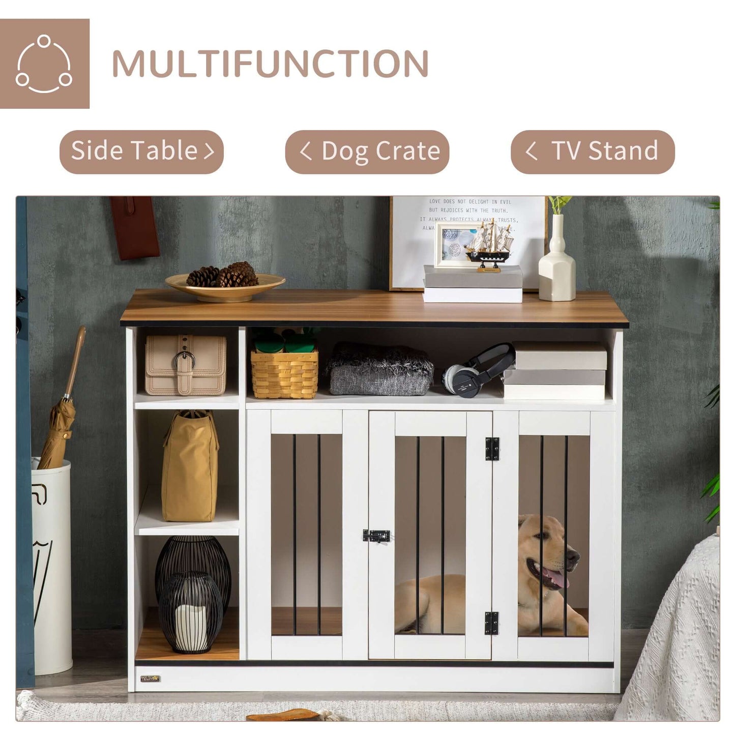 47" x 23.5" x 35" Dog Crate, Adjustable Shelf, for Medium and Large Dogs, White - supdog