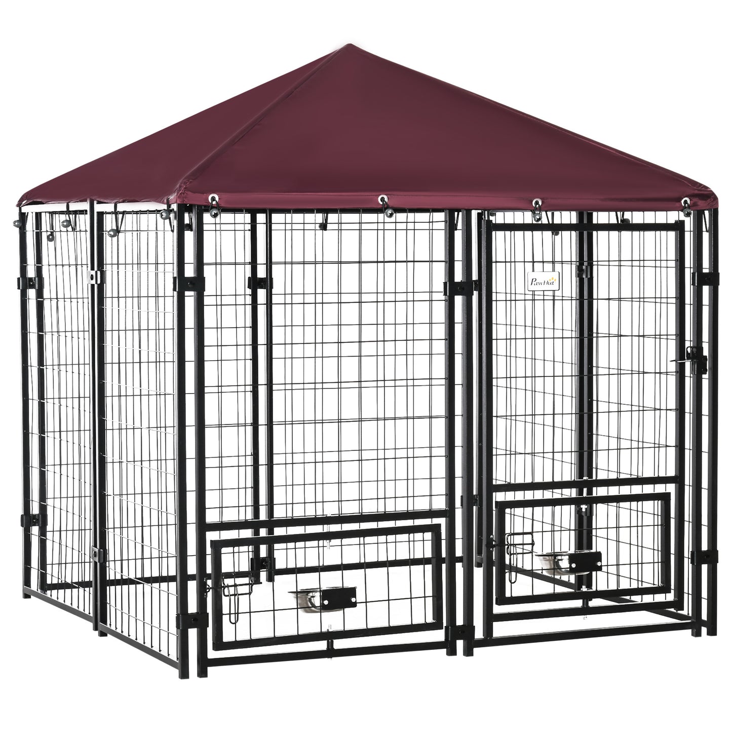 5' x 5' x 5' Dog Kennel, Welded Wire Steel, Water-and UV-Resistant Canopy, Black and Red