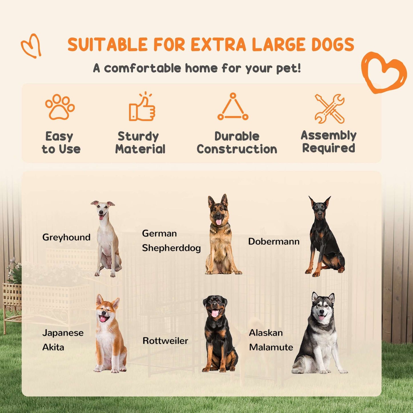 Infographic highlighting dog breeds suitable for extra large dog kennel: Greyhound, German Shepherd, Dobermann, Akita, Rottweiler, Malamute.