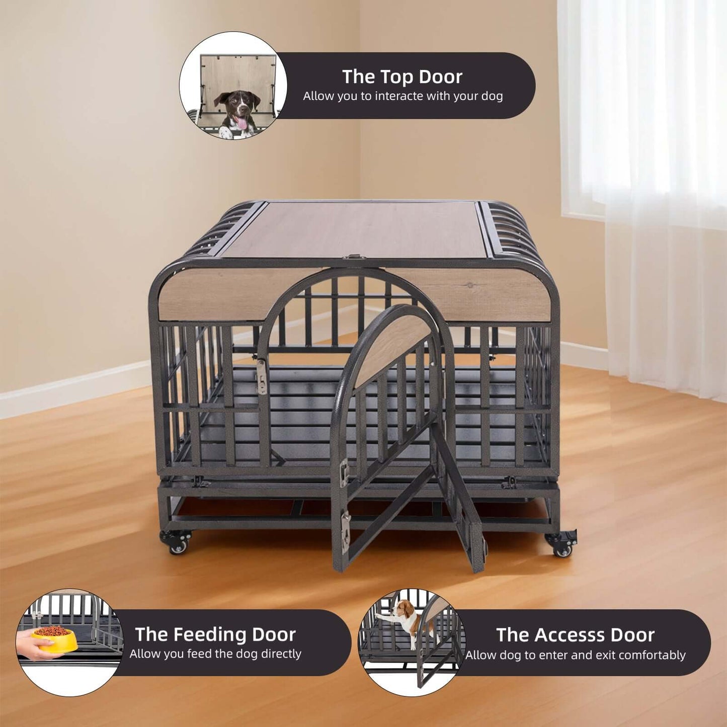 46" Heavy Duty Dog Crate, Removable Trays and Wheels for High Anxiety Dogs, Grey GIGA