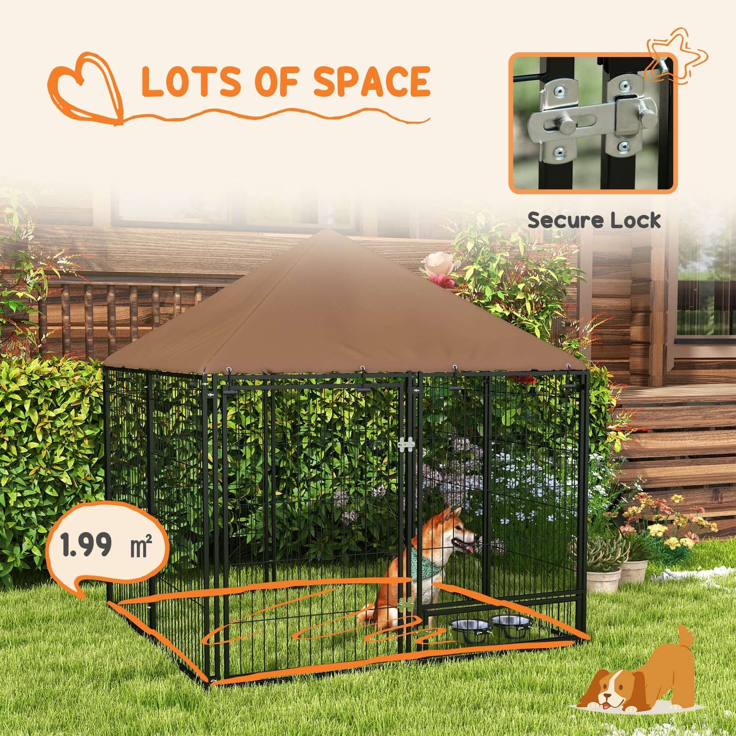 4.6' x 4.6' x 5' Dog Kennel with Canopy, Rotating Bowl, Black - supdog