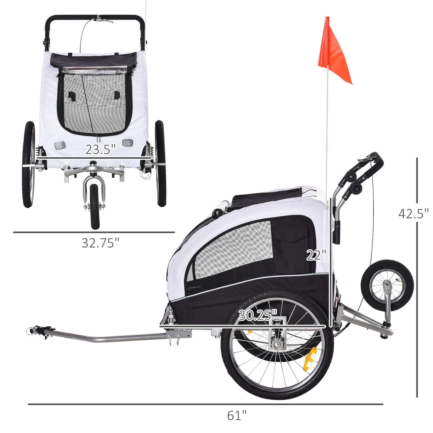 Aosom Dog Bike Trailer 2-In-1 Pet Stroller with Canopy and Storage Pockets, White - supdog