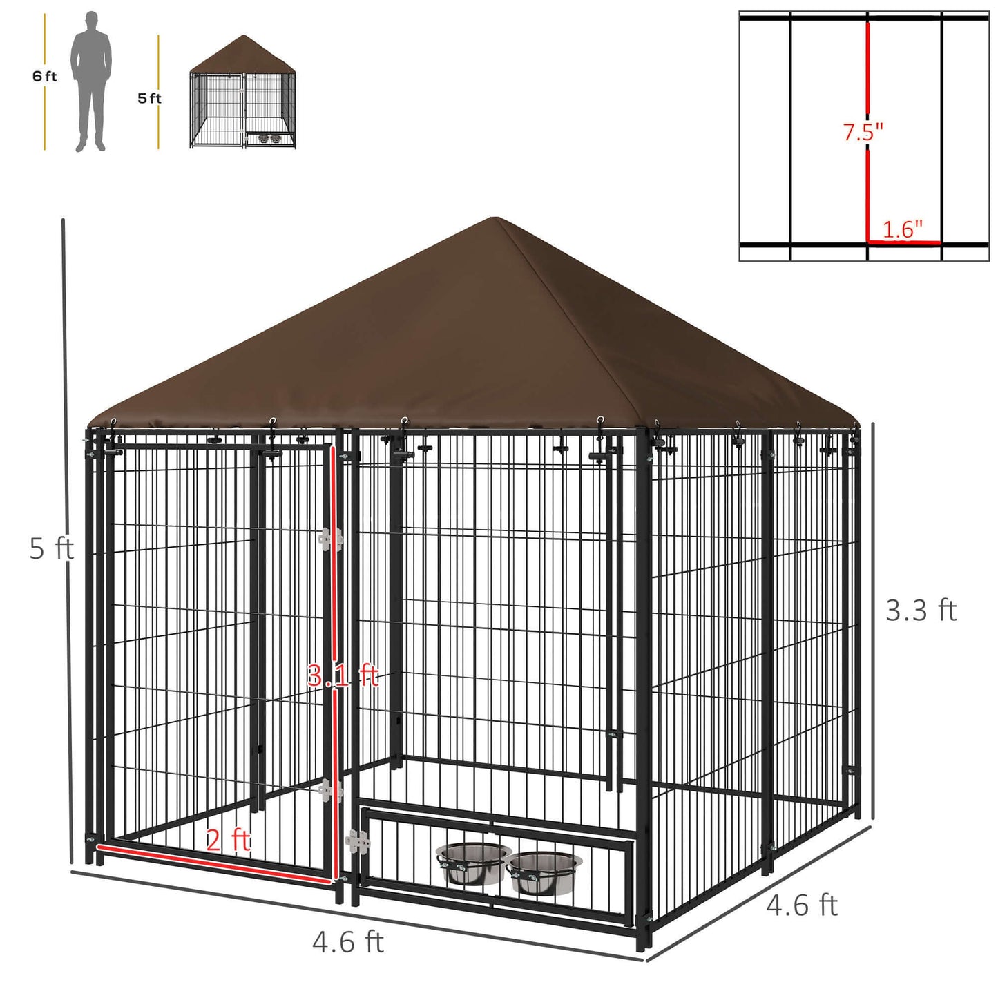 4.6' x 4.6' x 5' Dog Kennel with Canopy, Rotating Bowl, Black - supdog