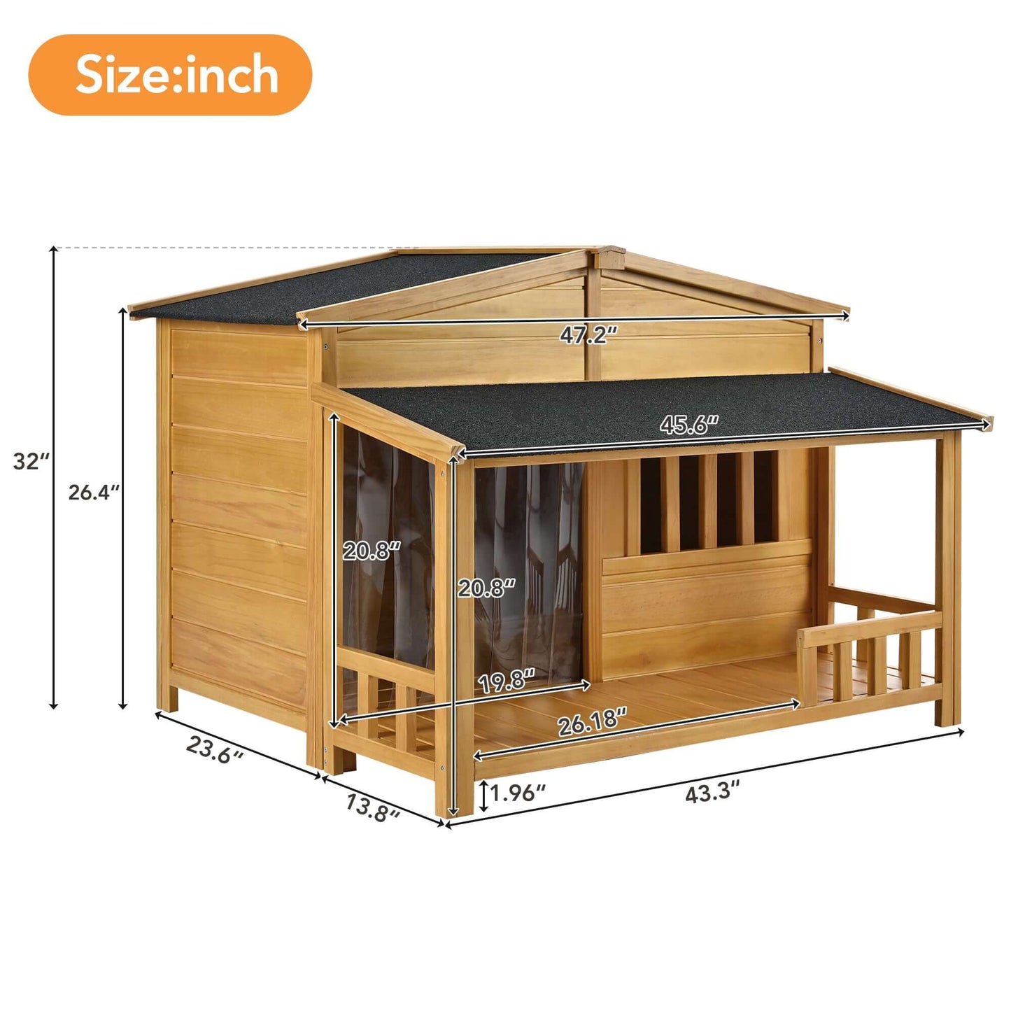 47.2" Wooden Dog House With Porch, Solid Wood, Weatherproof - supdog