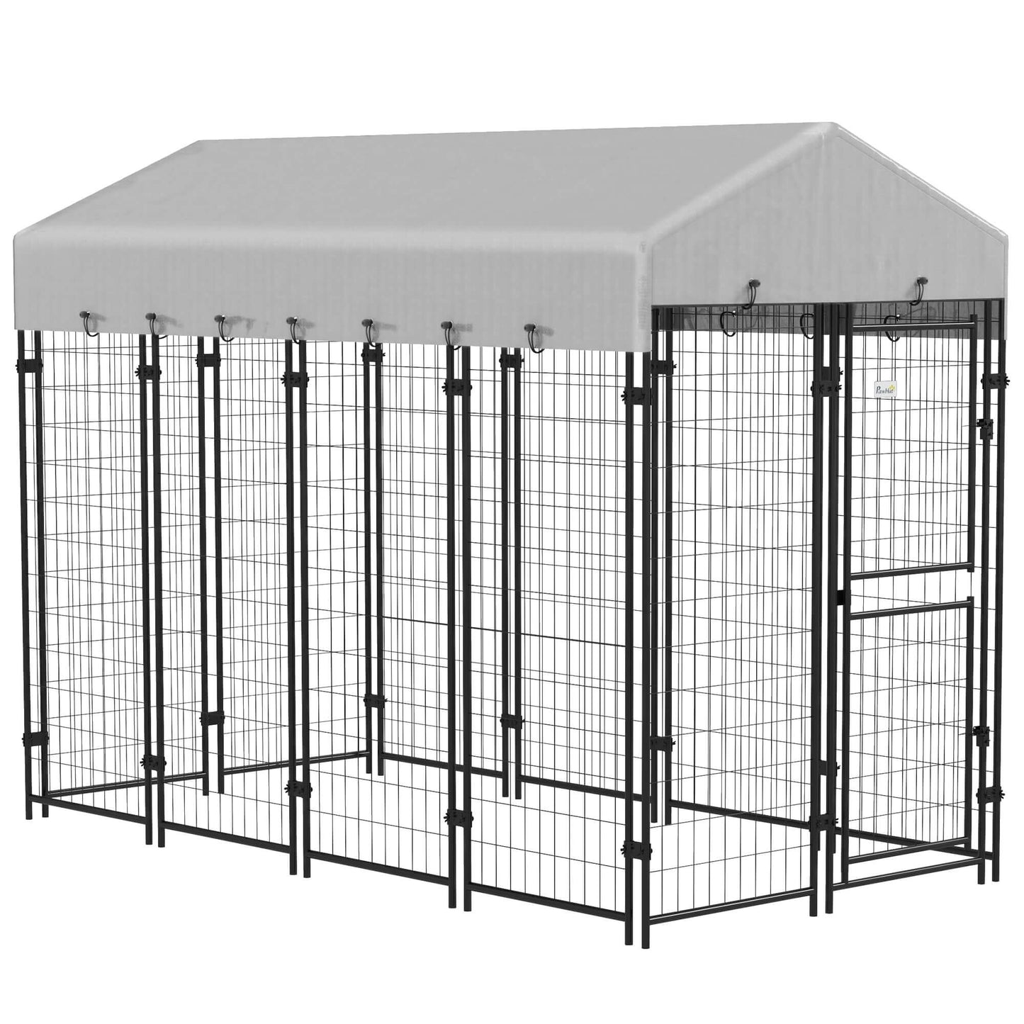 7.8' x 6' silver dog kennel with waterproof cover and two-part door design for outdoor use.