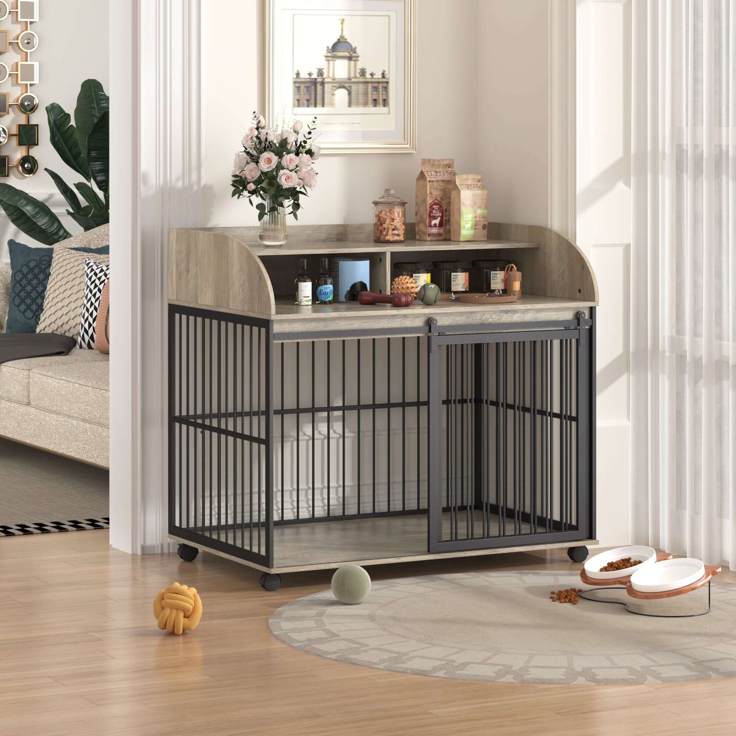 44'' Heavy Duty Dog Crate Furniture, Lockable Wheels, Double layer storage, Grey