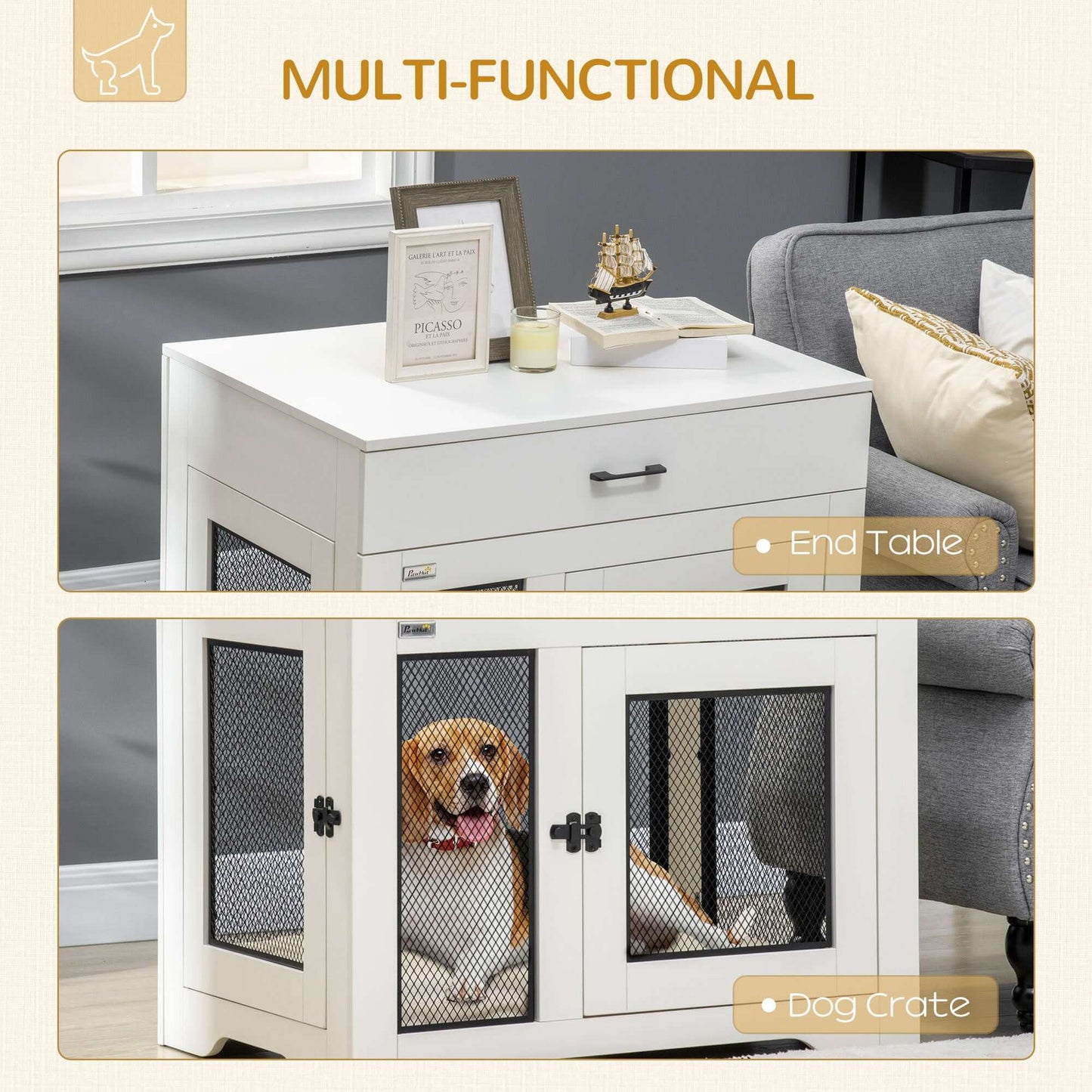 30" Dog Crate with Soft Water-Resistant Cushion, Drawer, 2 Doors, for Small Dogs, White - supdog