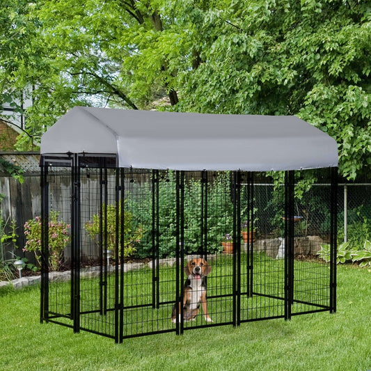8' x 4' x 6' dog playpen with water-resistant canopy in backyard, featuring a steel frame and lockable door.