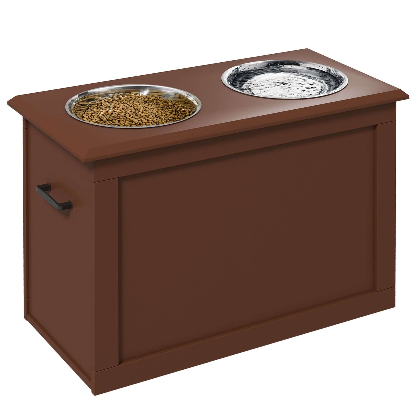 Raised Pet Feeding Storage Station with 2 Stainless Steel Bowls, Brown