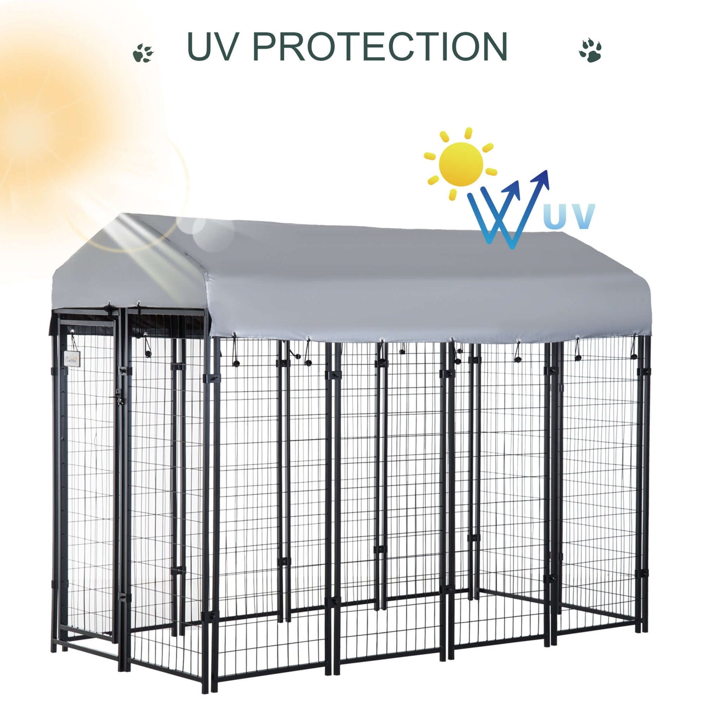 8'x4'x6' dog playpen with lockable door and UV protection canopy for outdoor use.