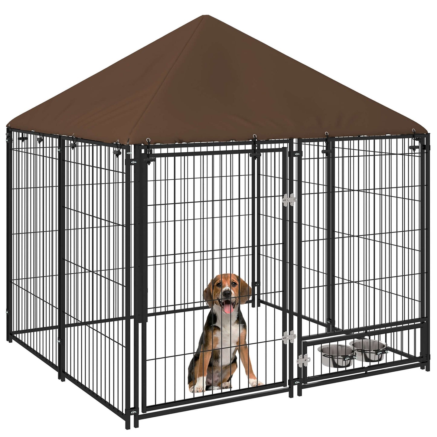 4.6' x 4.6' x 5' Dog Kennel with Canopy, Rotating Bowl, Black supdog