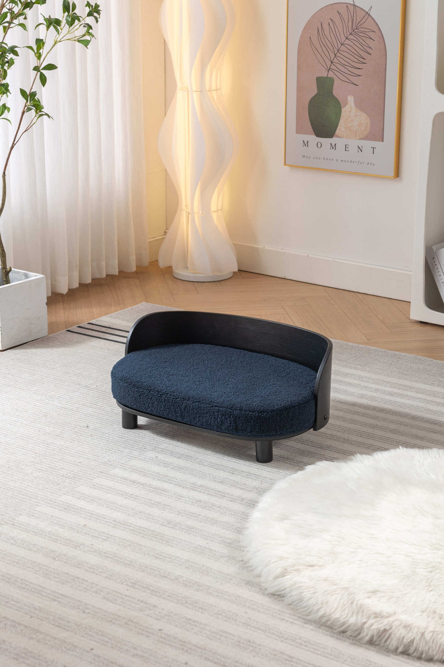 Scandinavian Style Elevated Dog Bed Sofa, Velvet Cushion, Black Wood, Dark Blue GIGA