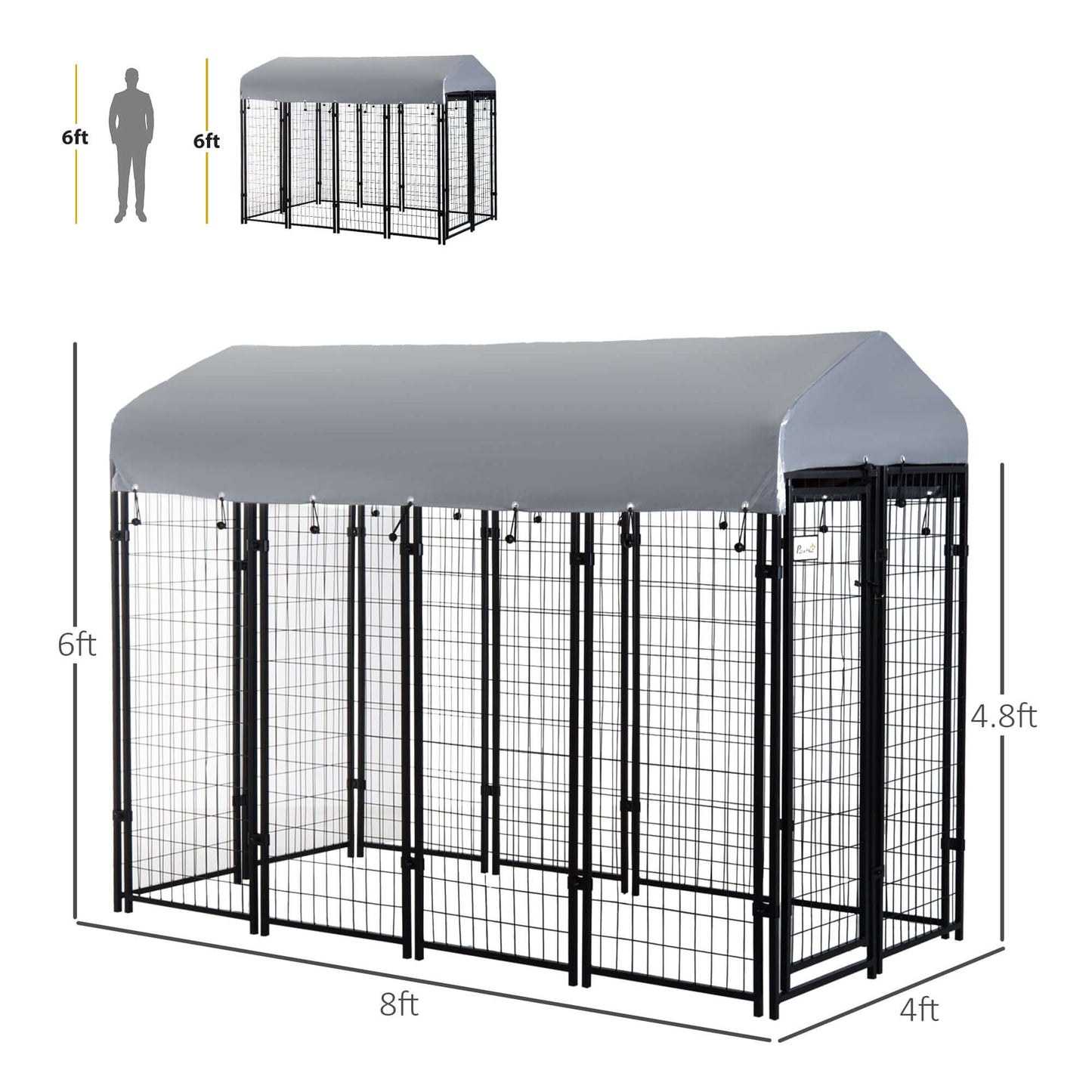 8'x4'x6' dog playpen with lockable door and water-resistant canopy, perfect for outdoor pet safety and comfort.